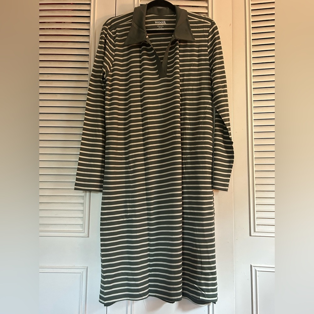 Wool& Bristol polo dress with pockets in sage green and white stripe. Brand New